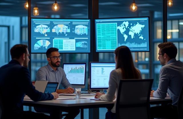 Professional team collaborating around data visualizations on screens